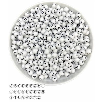 4x7mm Yuvarlak Beyaz Zemin Üzeri Siyah Top Harf Boncuk 50 Gr